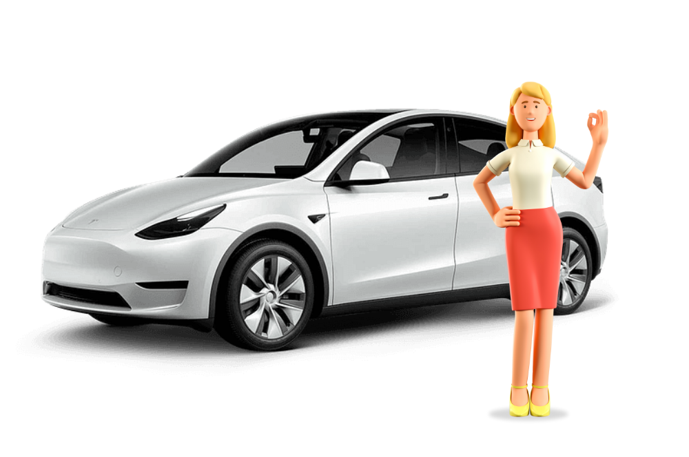 White Tesla next to woman named Sally